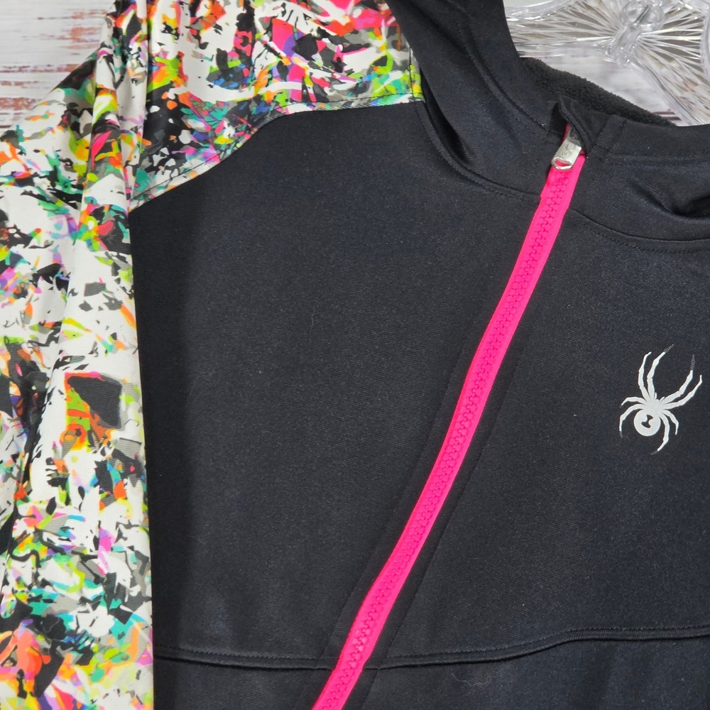 Spyder Fleece Hoodie Kids L 14-16 Black Pink Multi-Color Excellent Full Zip